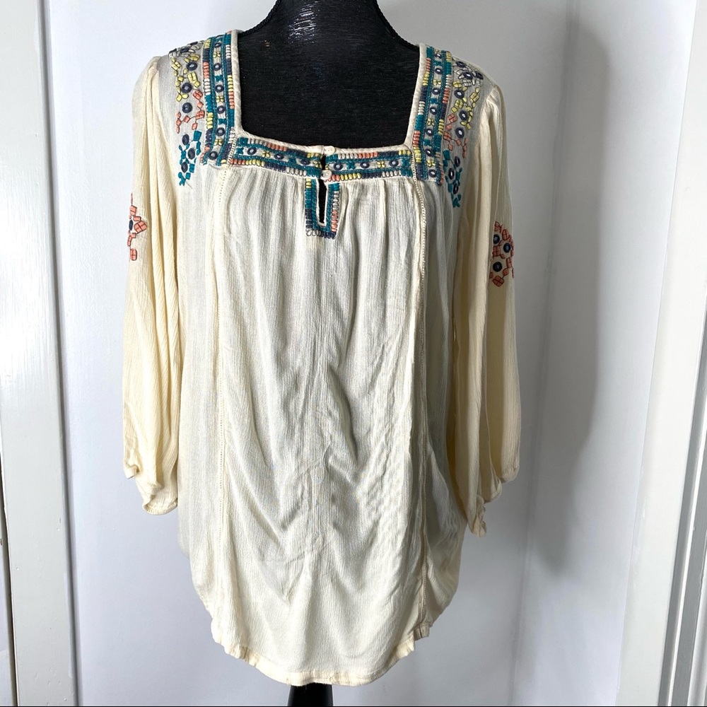 Square Neck Embroidered Boho Free People Look Tunic Top